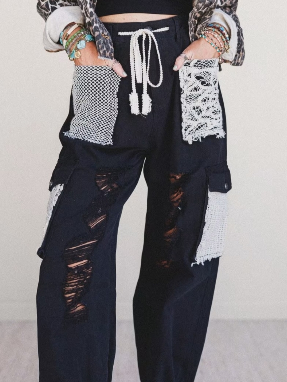 NWOT POL City Sky Distressed Pants Black Patchwork